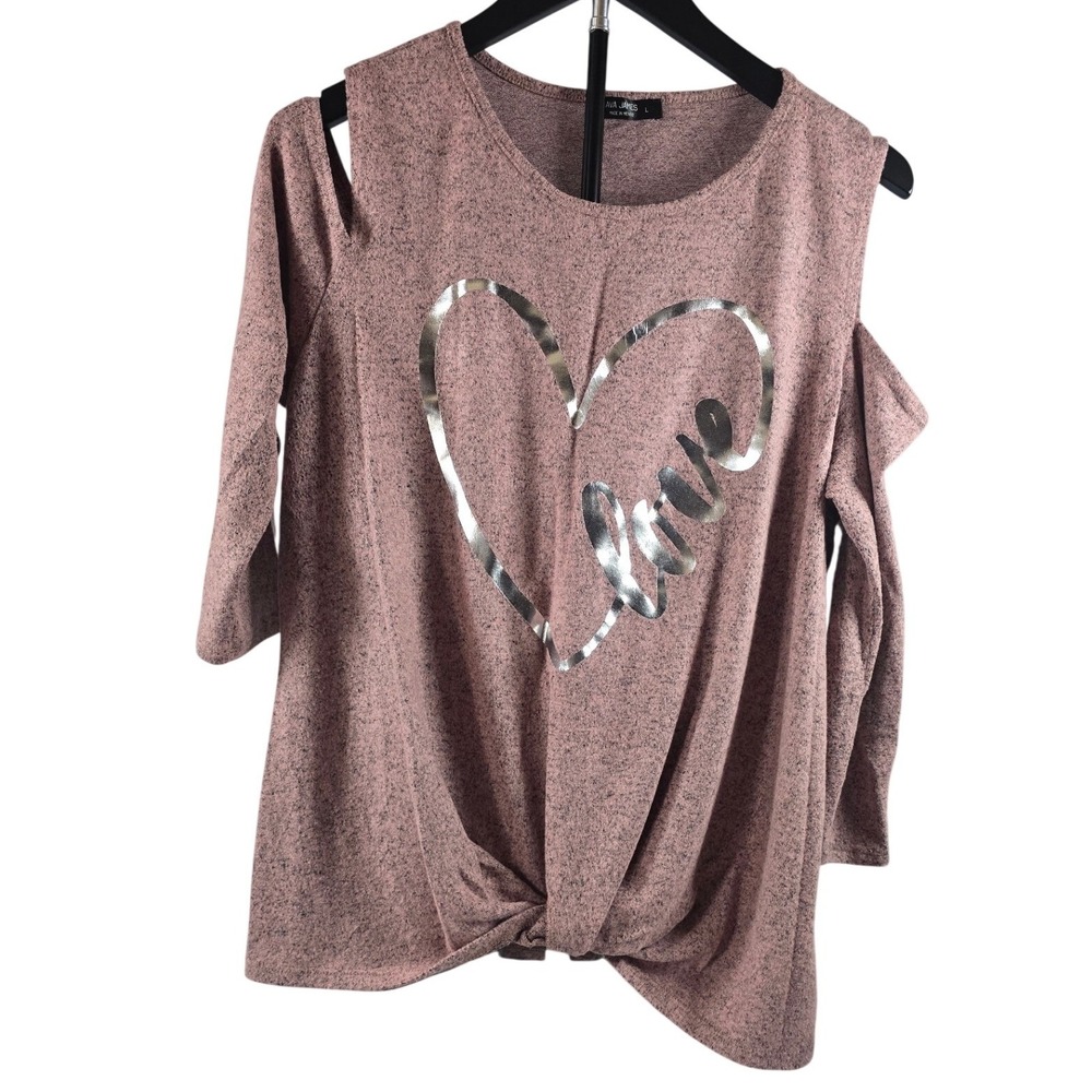 Ava James Womens Cold Shoulder Love Heart Graphic Knot Front Knit Top Pink Large